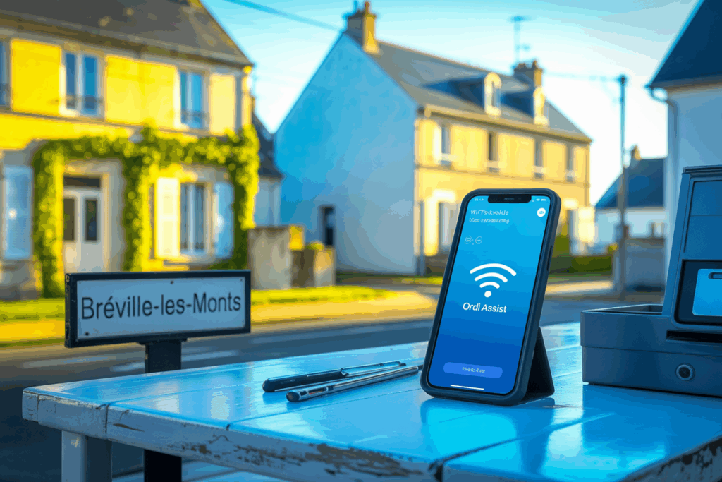 Smartphone affichant une interface de dépannage Wi-Fi dans un quartier résidentiel de Bréville-les-Monts, intervention ORDI ASSIST.