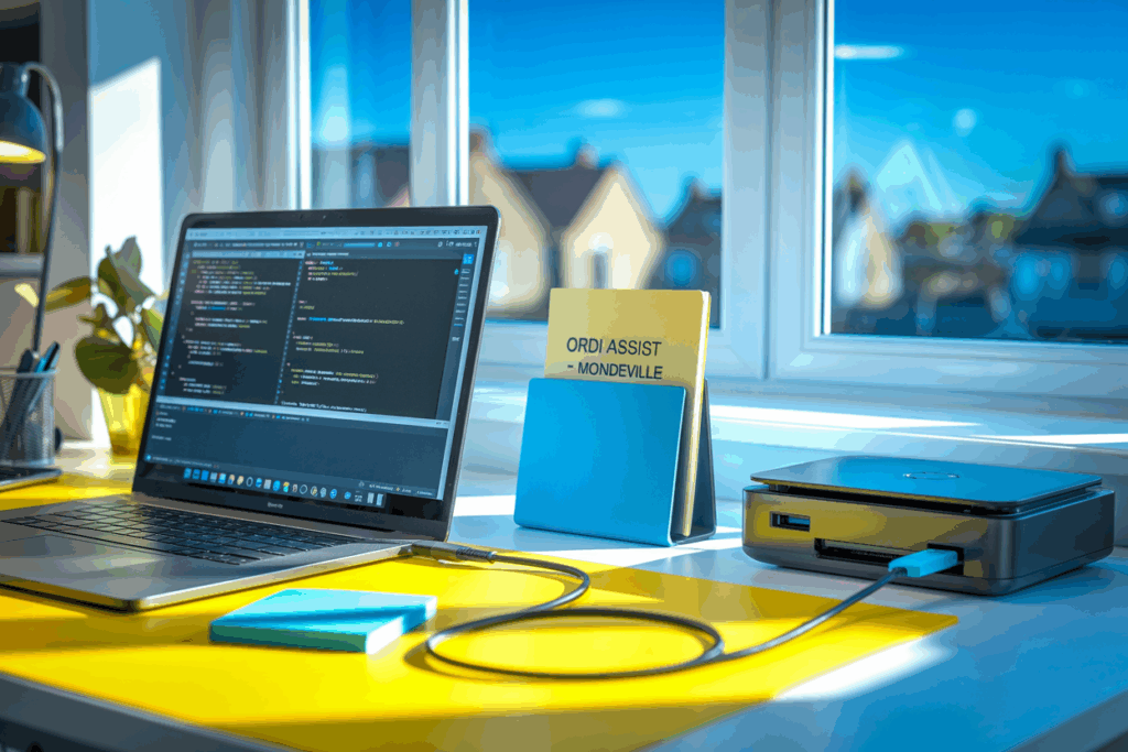 Matériel informatique en cours de configuration à Mondeville avec logo ORDI ASSIST, ambiance lumineuse et rangée.