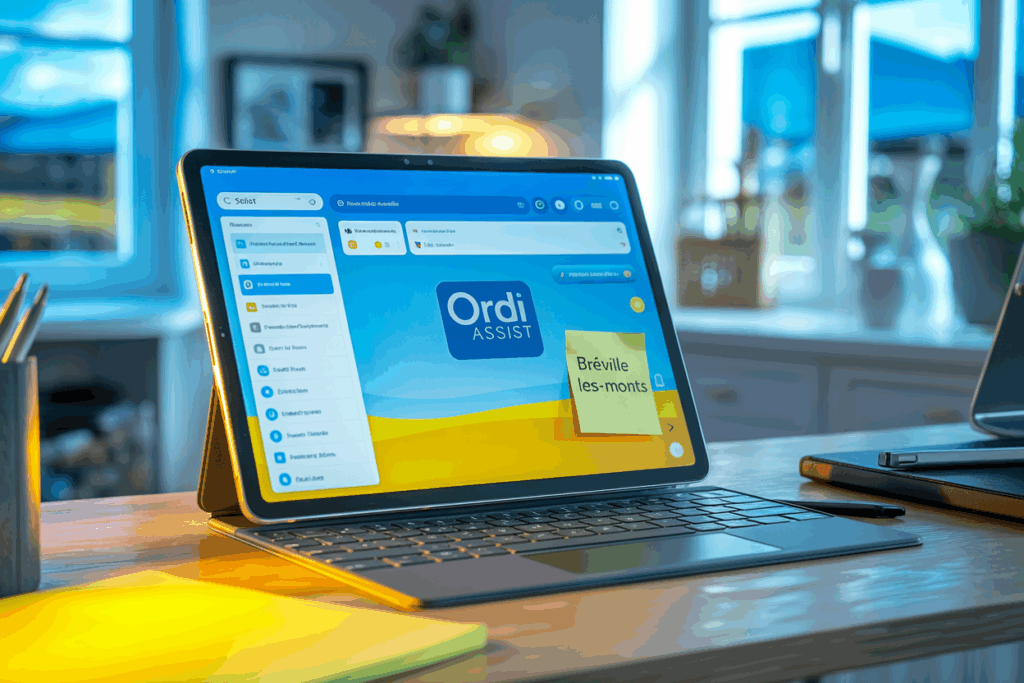 Tablette hybride configurée après installation par ORDI ASSIST à Bréville-les-Monts, prête pour une première utilisation.