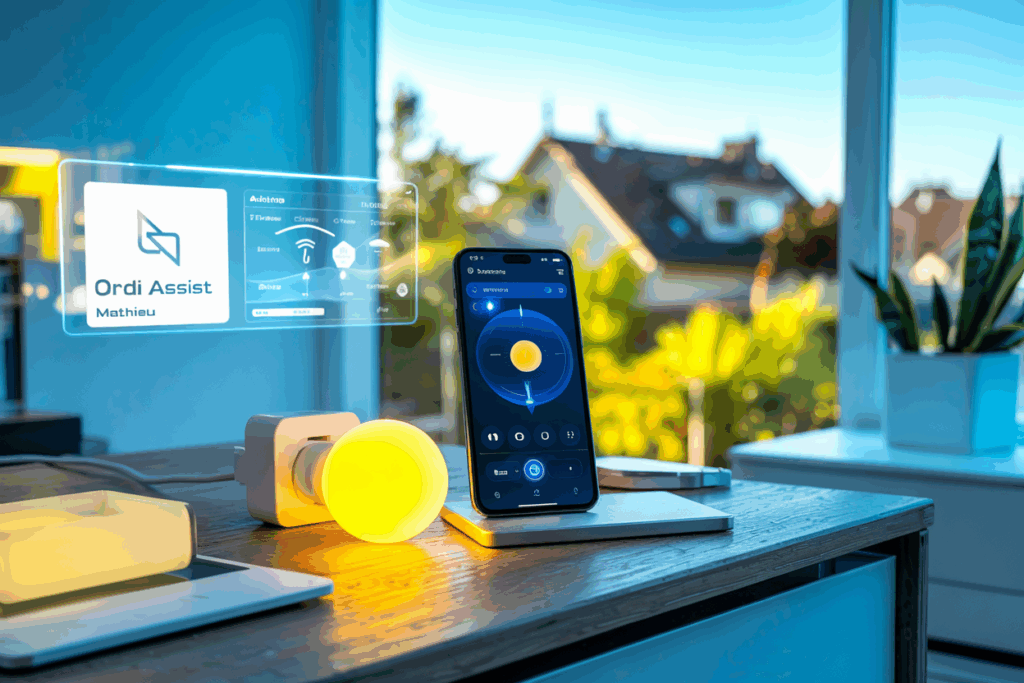 Écran de smartphone à Mathieu pilotant des objets connectés à domicile grâce à l’installation domotique ORDI ASSIST. Design simple et lumineux.