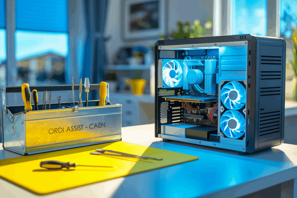 Poste de travail en cours de montage PC à Caen, outils visibles et logo ORDI ASSIST intégré, ambiance professionnelle.