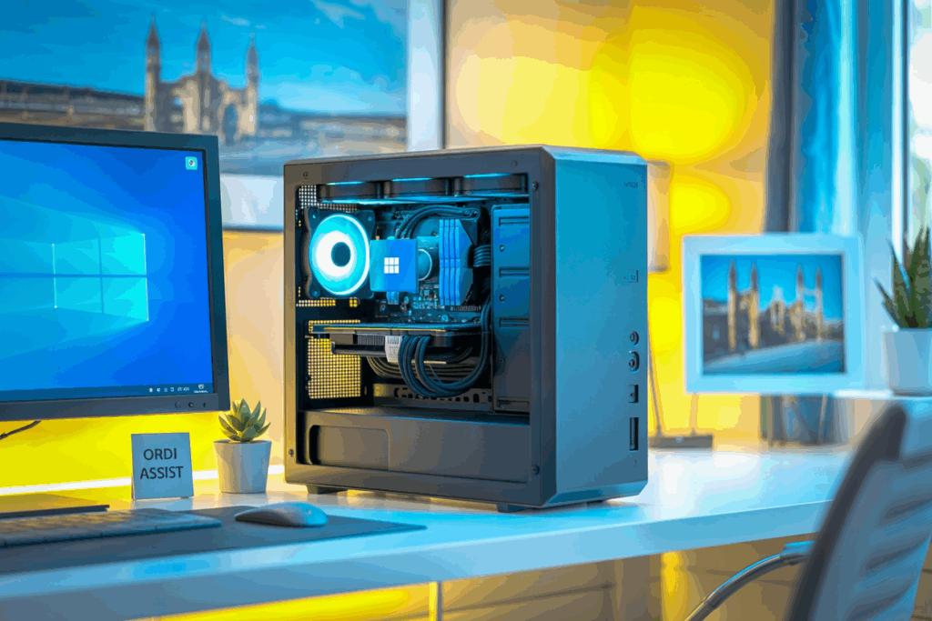 Ordinateur Windows 11 fonctionnel et optimisé après l’intervention d’ORDI ASSIST à Caen, ambiance moderne et lumineuse.