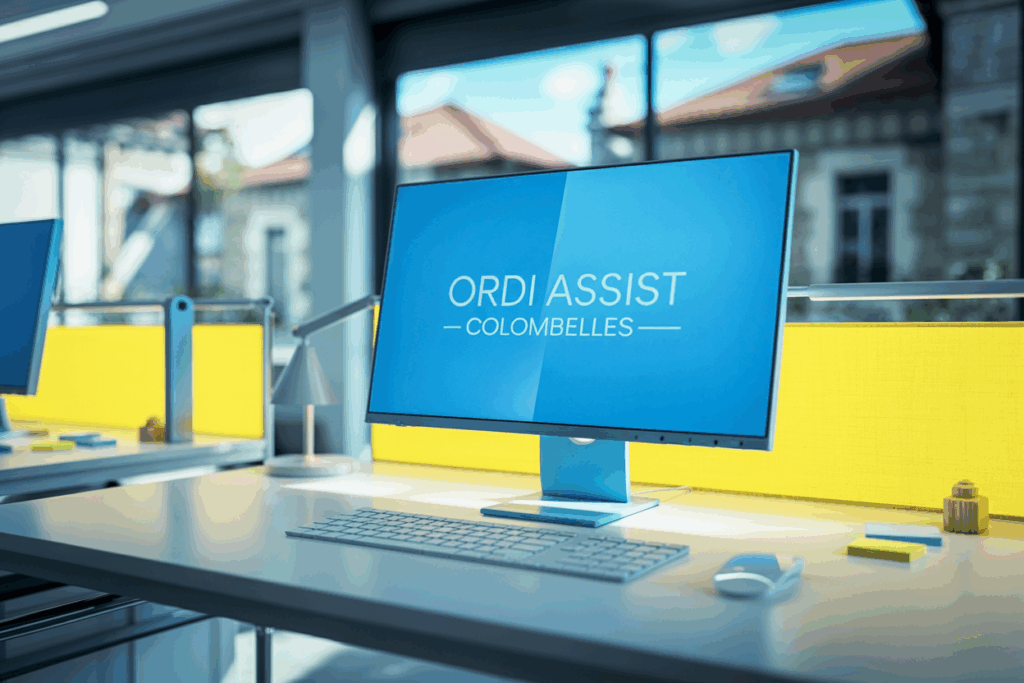 Bureau épuré avec écran affichant des menus d’aide informatique, ambiance locale et moderne à Colombelles, intervention ORDI ASSIST illustrée.