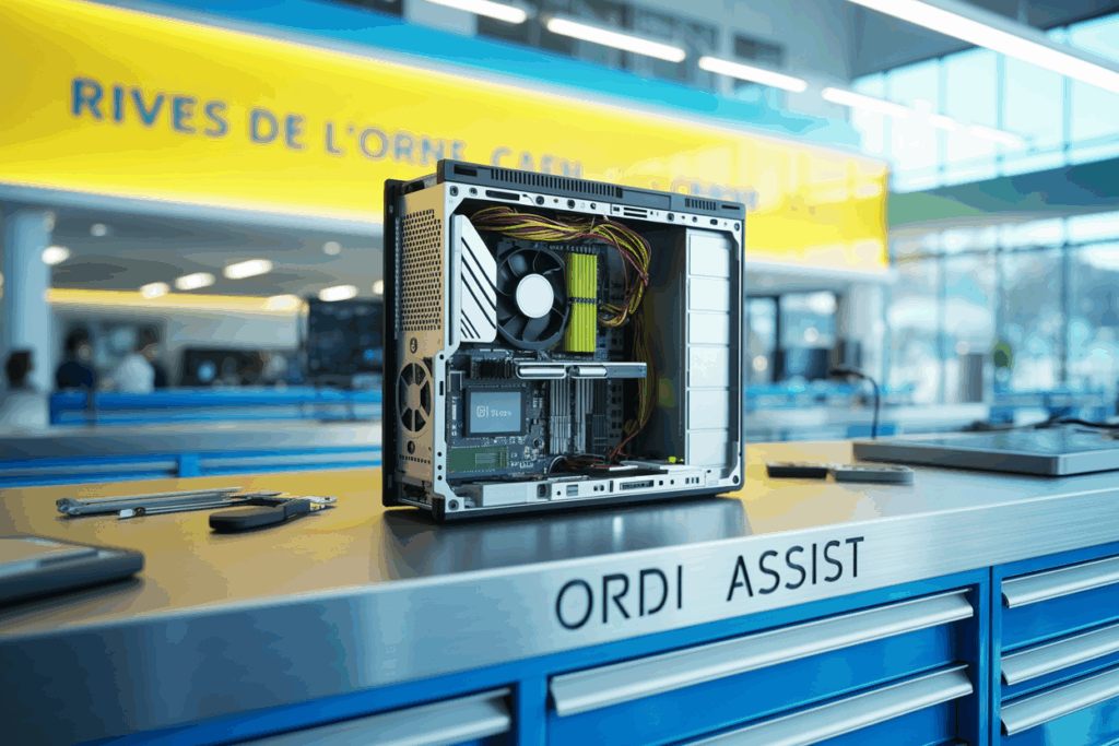 Atelier informatique moderne près des Rives de l’Orne à Caen avec PC ouvert en réparation, tons bleu et jaune, éléments locaux flous, logo ORDI ASSIST subtilement intégré.