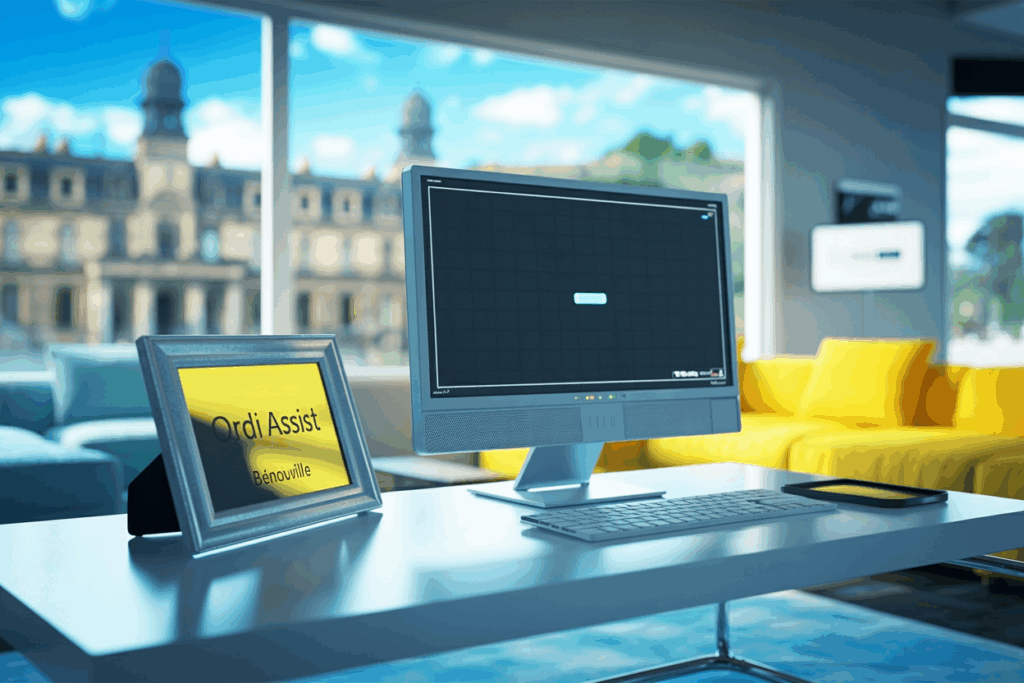 PC en panne à Bénouville dans un salon moderne, écran noir visible, tons bleu et jaune, reflet discret du logo ORDI ASSIST, décor normand en arrière-plan.